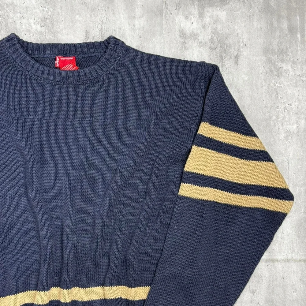 Levis Vintage Mens Navy Blue Cream Striped Cotton Knit Crewneck Sweater Large